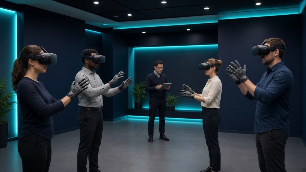 Instructor guiding trainees during a VR training session